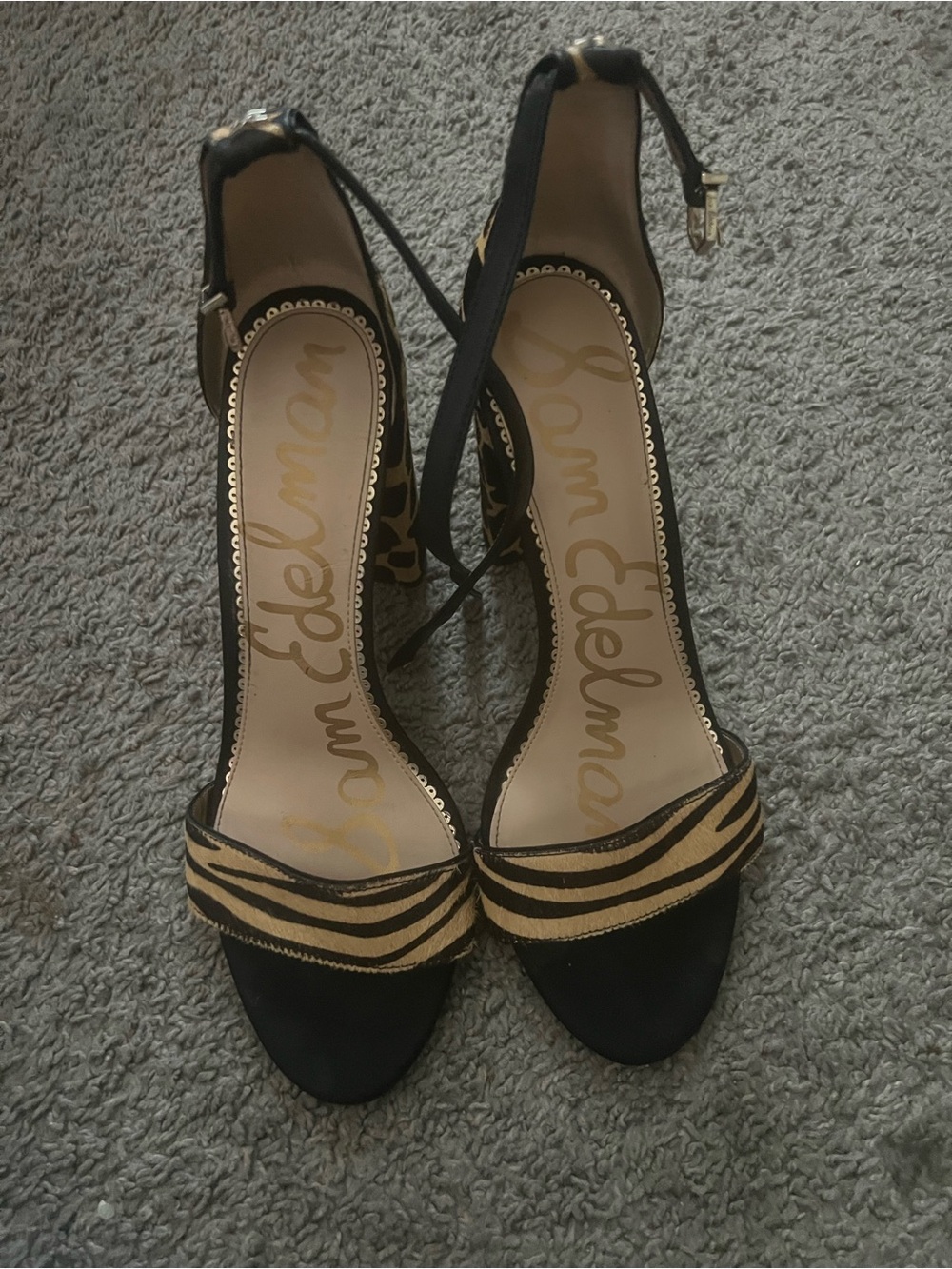 Sam Edelman Black and Gold Open-Toe Ankle Strap Sandals